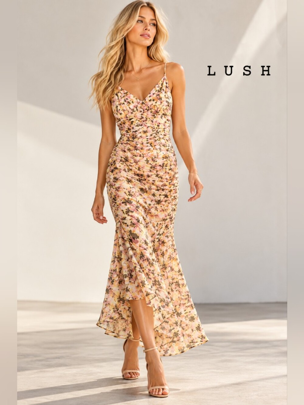 Lush Floral Ruched Midi Dress Size Small S Sleeveless Slip Dress